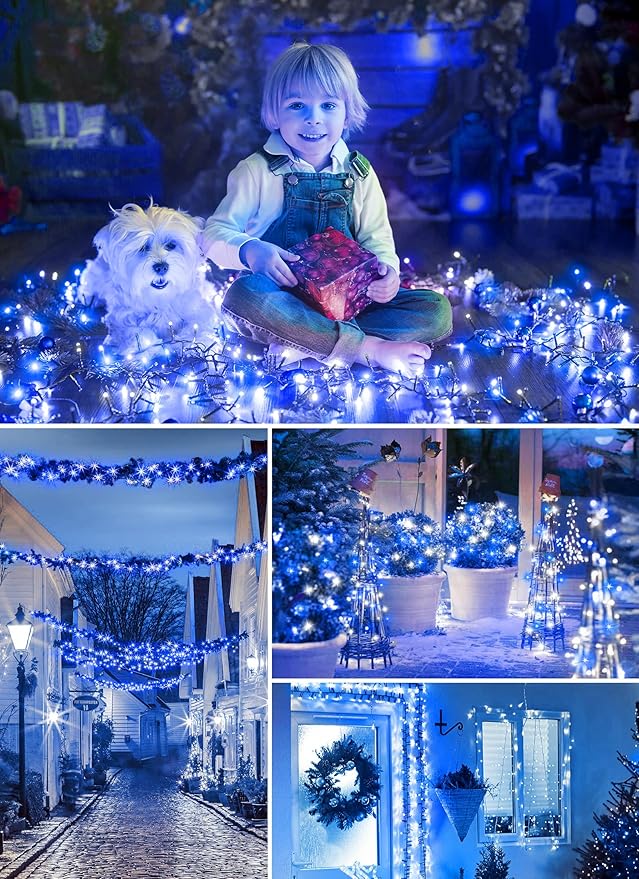 Minetom Solar Christmas Lights Outdoor Waterproof, 40FT 100 LED Solar Lights with 8 Modes, Solar Christmas Outdoor Decoration, Solar String Lights for Outside House Tree Party Yard, Blue& Pure White