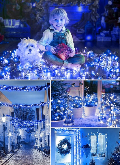 Minetom Solar Christmas Lights Outdoor Waterproof, 40FT 100 LED Solar Lights with 8 Modes, Solar Christmas Outdoor Decoration, Solar String Lights for Outside House Tree Party Yard, Blue& Pure White