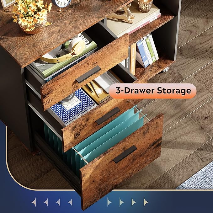 DEVAISE 3-Drawer Wood File Cabinet, Mobile Lateral Filing Cabinet, Printer Stand with Open Storage Shelves for Home Office, Rustic Brown