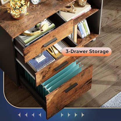 DEVAISE 3-Drawer Wood File Cabinet, Mobile Lateral Filing Cabinet, Printer Stand with Open Storage Shelves for Home Office, Rustic Brown