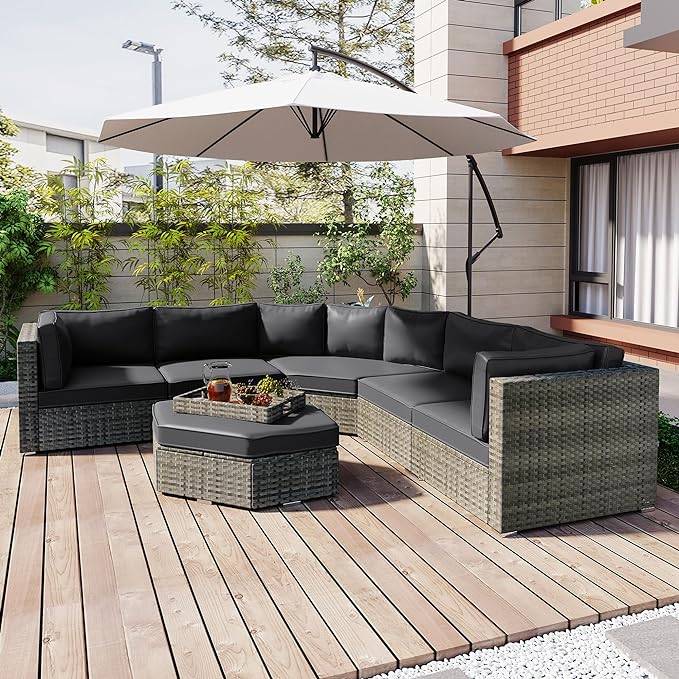 Patio 7-Piece Set, Half-Moon Curved Sectional Sofa Outdoor Rattan Furniture with Ottoman and No-Slip Cushions for Balcony, Porch, Garden, Zc-Grey