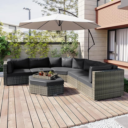 Patio 7-Piece Set, Half-Moon Curved Sectional Sofa Outdoor Rattan Furniture with Ottoman and No-Slip Cushions for Balcony, Porch, Garden, Zc-Grey