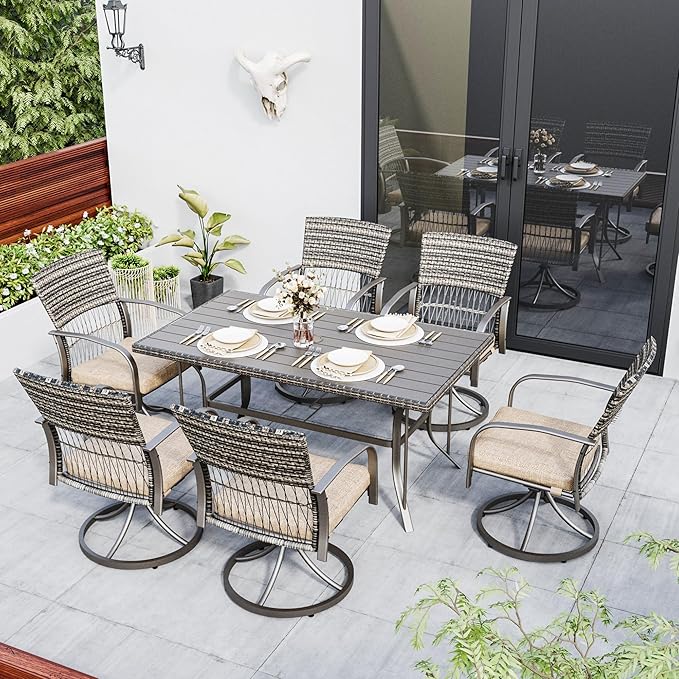 Pamapic 7 Piece Patio Dining Set for 6,Wicker Outdoor Furniture Set for Backyard Garden Deck Poolside with Iron Slats Table Top,6 Cushions Swivel Rocker Chairs,Removable Cushions(Beige)