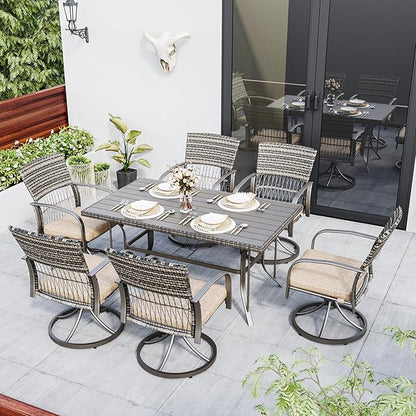 Pamapic 7 Piece Patio Dining Set for 6,Wicker Outdoor Furniture Set for Backyard Garden Deck Poolside with Iron Slats Table Top,6 Cushions Swivel Rocker Chairs,Removable Cushions(Beige)