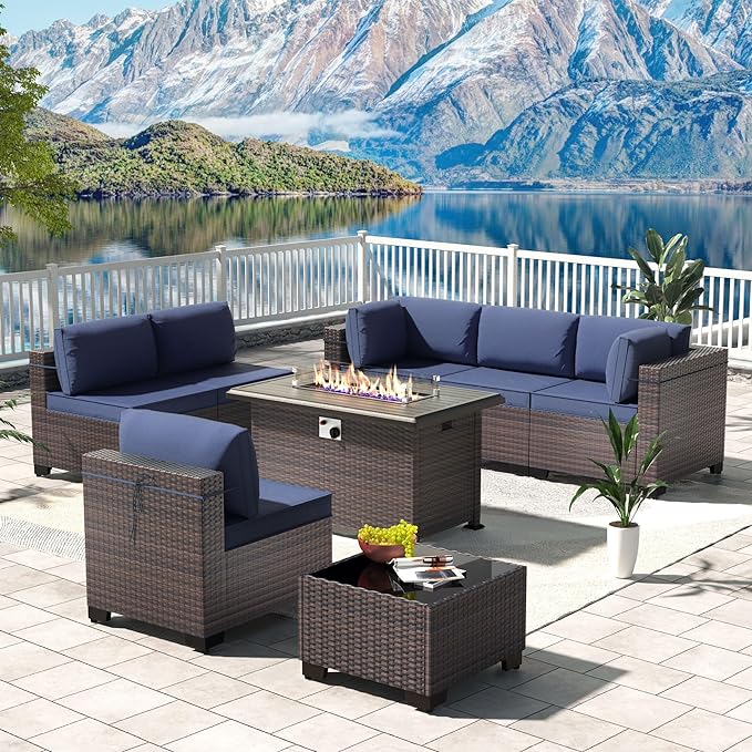 Kullavik 8 Pieces Outdoor Patio Furniture Set with 43" 55000BTU Gas Propane Fire Pit Table PE Wicker Rattan Sectional Sofa Patio Conversation Sets,Dark Blue