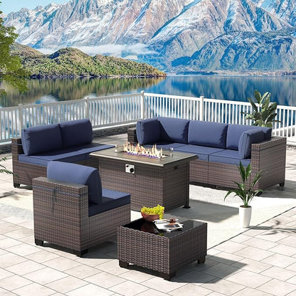 Kullavik 8 Pieces Outdoor Patio Furniture Set with 43" 55000BTU Gas Propane Fire Pit Table PE Wicker Rattan Sectional Sofa Patio Conversation Sets,Dark Blue