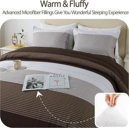 Andency Stripe Comforter Set Twin Size (66x90 Inch), 2 Pieces Brown Patchwork Striped Comforter, Soft Microfiber Down Alternative Comforter Bedding Set with Corner Loops