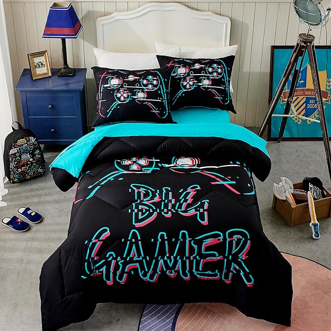 Gamer Black Twin XL Comforter Sets for Boys Kids Teen 5 Pieces Bed in a Bag Video Gaming Comforter with Sheet Sets Dorm Bedding Set