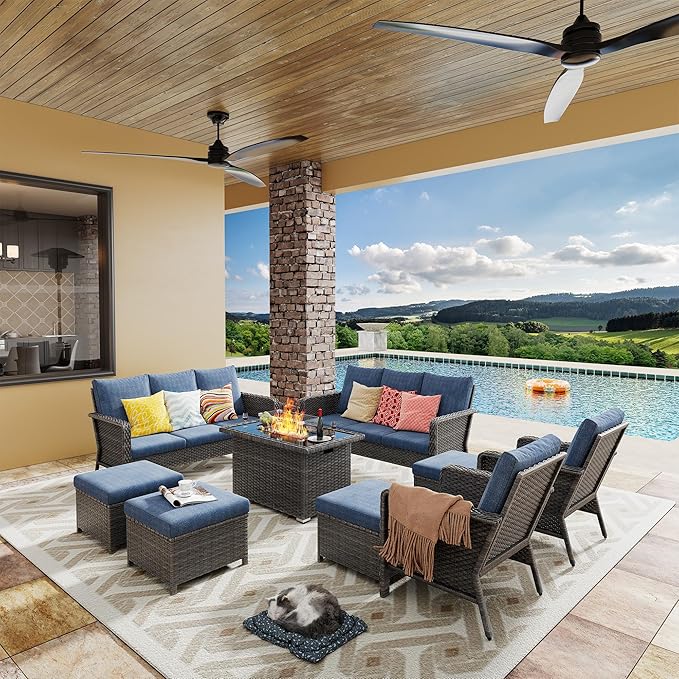 Yechen Patio Conversation Set 12 Seats with 44" Propane Gas Fire Pit Table - 9 Pcs Outdoor Wicker Furniture Set with Lid & Wind Shields - Sectional Sofa Set for Porch,Backyard