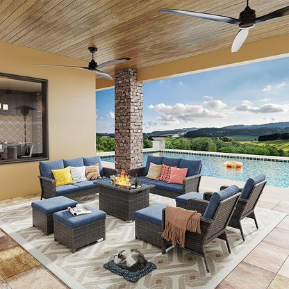 Yechen Patio Conversation Set 12 Seats with 44" Propane Gas Fire Pit Table - 9 Pcs Outdoor Wicker Furniture Set with Lid & Wind Shields - Sectional Sofa Set for Porch,Backyard