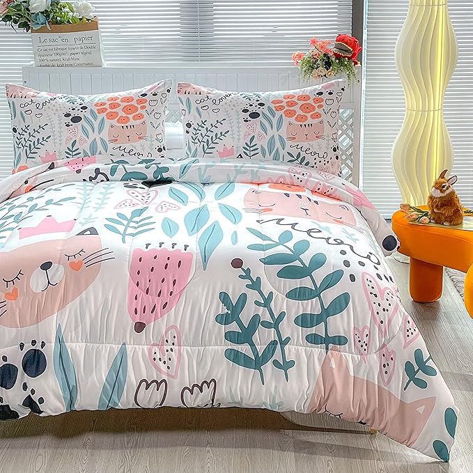 Cat Bedding,Cartoon Cat Comforter Twin,Animals Print Comforter Set for Kids,Kawaii Quilt Set with 1 Comforter and 2 Pillow Cases