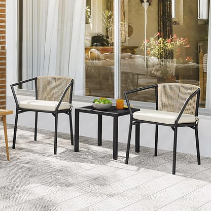YITAHOME Wicker 3-Piece Outdoor Bistro Set, All-Weather Patio Conversation Set with Stackable Chairs & Table, Outdoor Sectional Furniture Set for Balcony, Backyard, Pool, Porch, Deck - Beige
