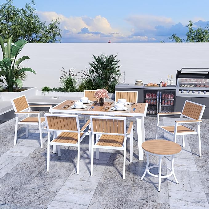 Pamapic 8-Piece Patio Dining Set，Outdoor Aluminum Furniture Set with Plastic-Wood Table Top,Outdoor Furniture Set with 6 Outdoor Stackable Chairs for Patio Garden Poolside (White)