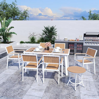 Pamapic 8-Piece Patio Dining Set，Outdoor Aluminum Furniture Set with Plastic-Wood Table Top,Outdoor Furniture Set with 6 Outdoor Stackable Chairs for Patio Garden Poolside (White)