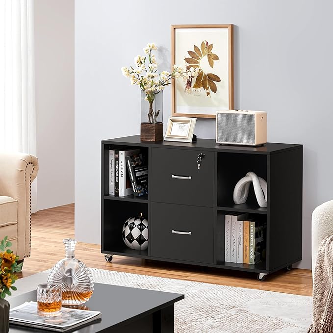 Yaheetech Black File Cabinet Large Mobile Storage Lateral Filing Cabinet with 2 Drawer and 4 Open Compartments,for Letter Size A4 Size, Printer Stand for Home Office, Black
