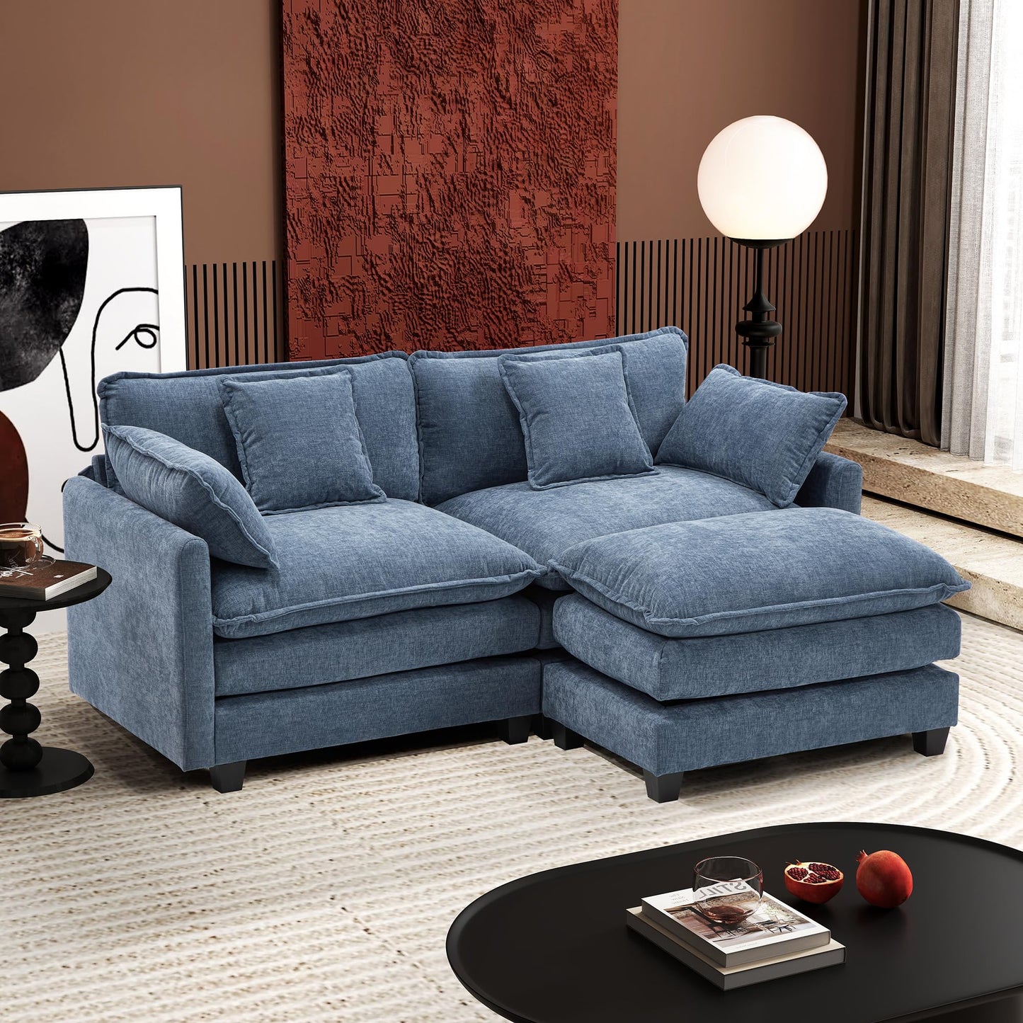 Ihanherry 111.4" L Shaped Modern Sofa Modular Sectional Cloud Couch with Ottoman, 4-Seat Chenille Deep Seat Sofa with Pillow for Living Room, Bedroom and Apartment, Beige
