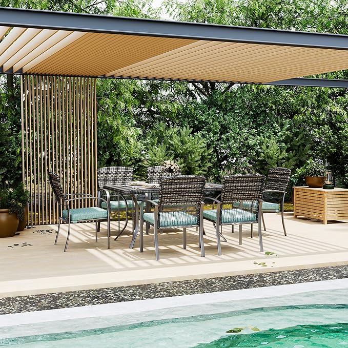 Pamapic Patio Dining Table Set, Outdoor Dining Set 7 Piece, Outdoor Wicker Furniture Set with Removable Cushions for Backyard Garden Deck/Iron Slats Table Top(Green)
