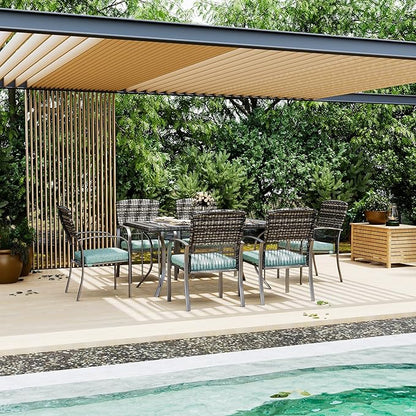 Pamapic Patio Dining Table Set, Outdoor Dining Set 7 Piece, Outdoor Wicker Furniture Set with Removable Cushions for Backyard Garden Deck/Iron Slats Table Top(Green)