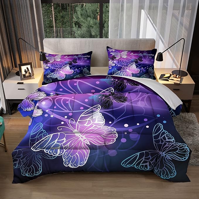 Sunnycitron Butterfly Comforter Set for Girls 3D Purple Butterfly Bedding with Comforter Full Size Girls Comforter Set Neon Butterflies Purple bed comforter full,1 Comforter + 2 Pillowcases