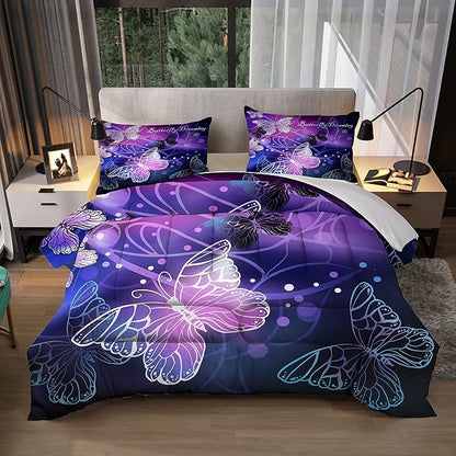 Sunnycitron Butterfly Comforter Set for Girls 3D Purple Butterfly Bedding with Comforter Full Size Girls Comforter Set Neon Butterflies Purple bed comforter full,1 Comforter + 2 Pillowcases