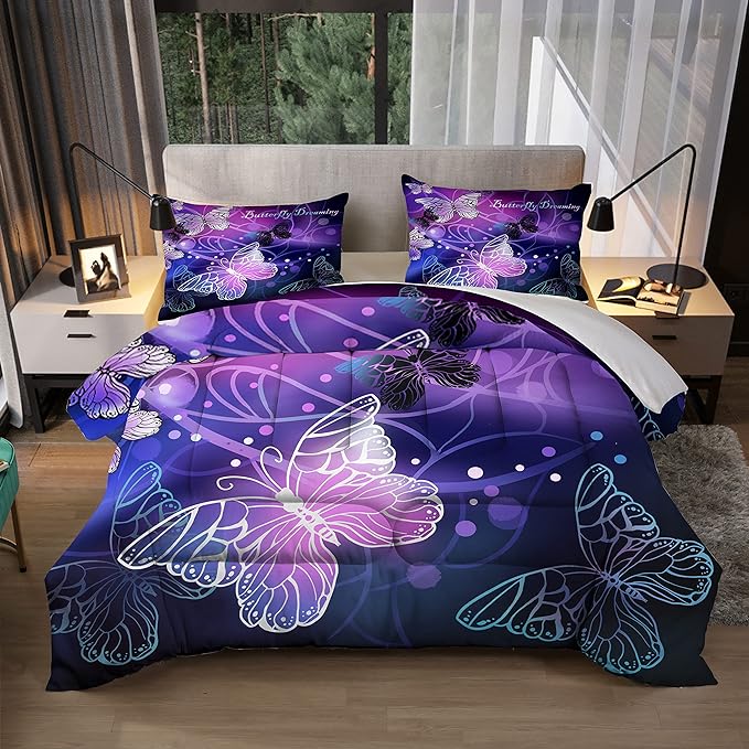 Sunnycitron 3D Purple Butterfly Bedding Twin Comforter Set Dreamy Butterfly Comforter Set for Girls and Women, Soft, Breathable, Fade Resistant 3 Piece- includes 1 Comforter and 2 Pillowcase