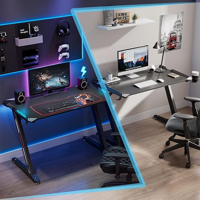 EUREKA ERGONOMIC Z1-S Pro Gaming Desk 44.5" Z Shaped Home Office PC Computer Desks Gamer Tables with LED Lights Controller Stand Cup Holder Headphone Hook Free Mousepad for Men Boyfriend Female Gift