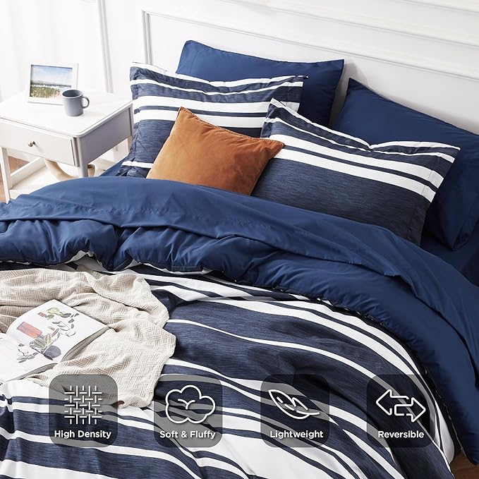 Bedsure Bed in a Bag Twin Size 5 Pieces, Navy White Striped Bedding Comforter Sets All Season Bed Set with 1 Pillow Sham, Flat Sheet, Fitted Sheet and 1 Pillowcase