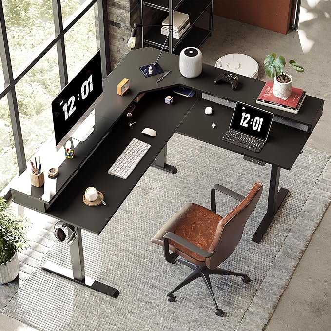 FEZIBO 63" L Shaped Standing Desk with 4 Drawers, Electric Standing Gaming Desk Adjustable Height, Corner Stand up Desk with Splice Board, Black Frame/Black Top