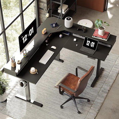 FEZIBO 63" L Shaped Standing Desk with 4 Drawers, Electric Standing Gaming Desk Adjustable Height, Corner Stand up Desk with Splice Board, Black Frame/Black Top