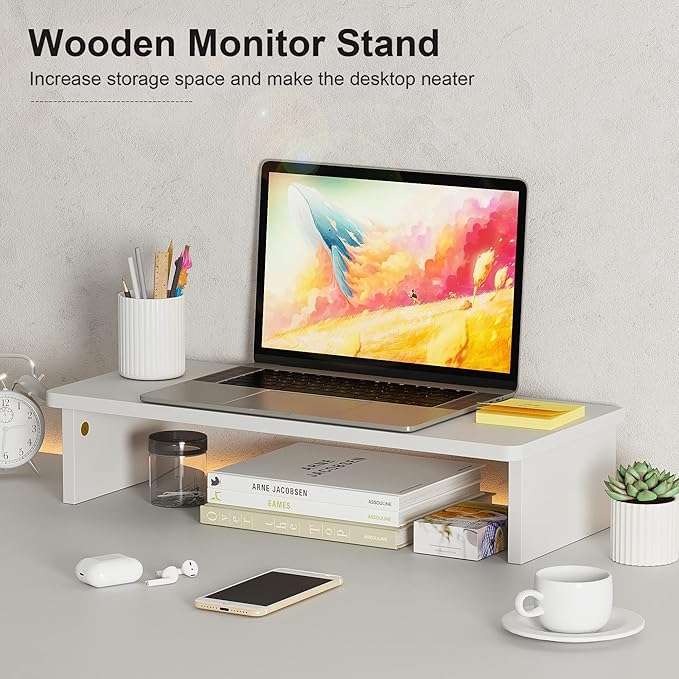 Elephance 59" L Shaped Desk Corner Computer Desk Gaming Table with Monitor Stand Workstation for Home Office (Large, White+ Gold Frame)