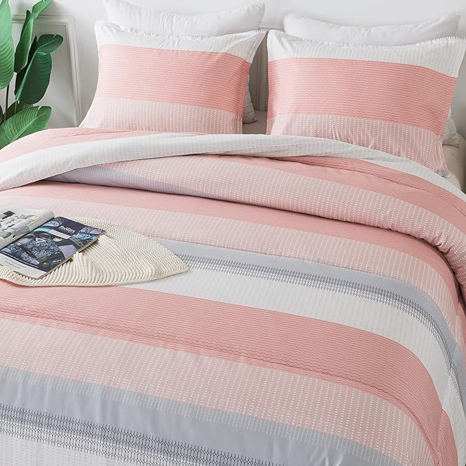 Andency Stripe Comforter Set Twin Size (66x90 Inch), 2 Pieces Pink Patchwork Striped Comforter, Soft Microfiber Down Alternative Comforter Bedding Set with Corner Loops