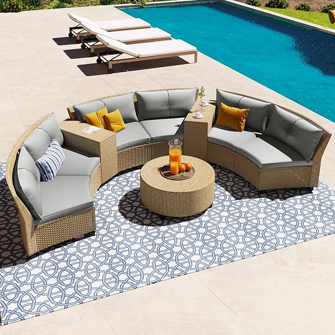 Outdoor 9 Pieces Patio Furniture Half Moon Wicker Sofa Sets, Fan-Shaped Curved Sectional Couch with Coffee Table and Gray Cushions, 1, Brown Rattan