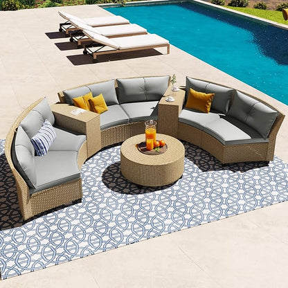 9 Pieces Outdoor Furniture Half Moon Wicker Patio Sets with Coffee Table, All-Weather Fan-Shaped Curved Sectional Sofa Couch with Gray Cushions, Onesize, Brown Rattan