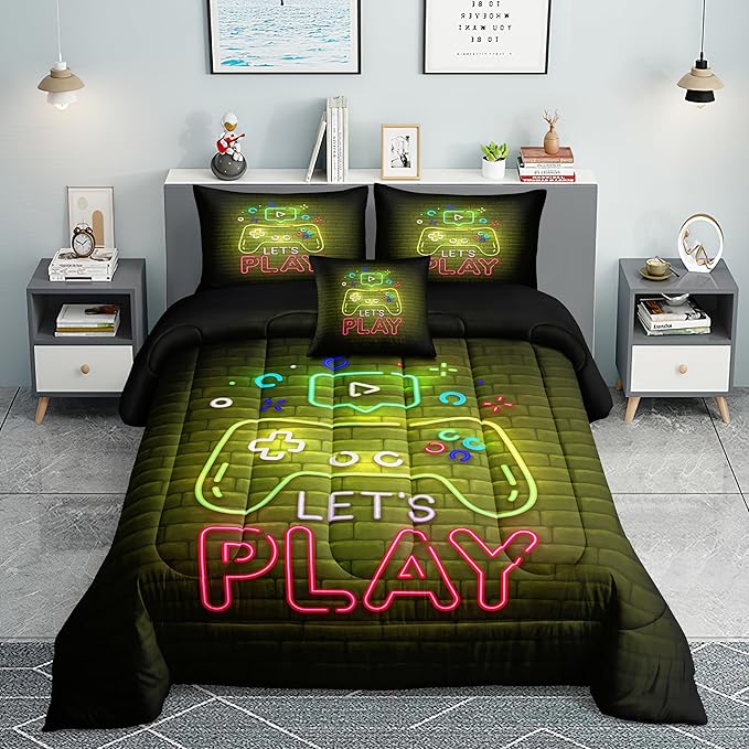 6 PCS Gamer Queen Comforter Sets,Queen Bedding Sets for Boys,Gaming Comforter Set,Queen Size Bedding Sets for Boys,Bed in A Bag with Sheets(Queen,Yellow Color)