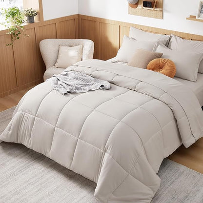 Bedsure Beige Twin XL Comforter Set - 5 Pieces Solid Twin XL Bed in a Bag for College, Twin XL Bed Set Beige with Comforters, Sheets, Pillowcase & Sham, Extra Long Twin Comforter Set