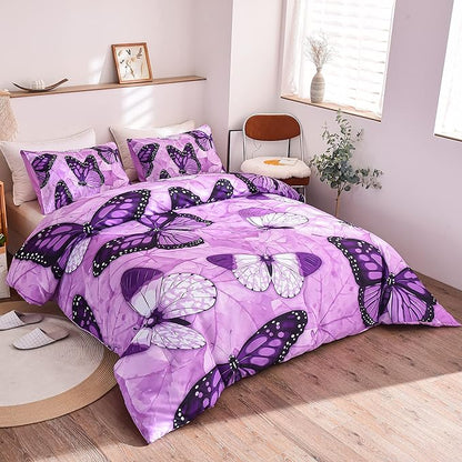 Btargot 3 Piece Purple Butterfly Girls Kids Adults Full Size Comforter Set, Lightweight Soft All Season Bedding Set with 2 Pillowcases