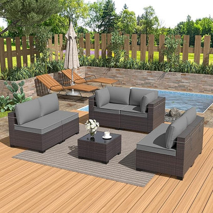 Outdoor Furniture Set 7PCS Patio Furniture for Backyard Wicker Sectional Sofa Set 6 Seats, PE Rattan Outdoor Conversation Set with Thickened Cushions and Glass Coffee Table, Grey