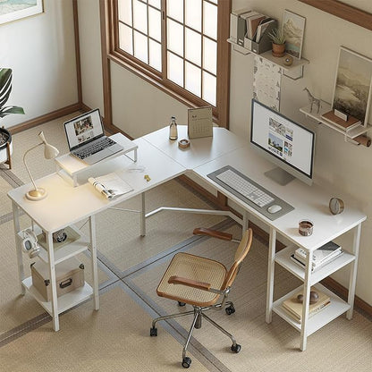 BANTI L Shaped Desk with Shleves, 50.4 inch Large Corner Desk with Two Storage, Space Saving, Easy to Assemble, White