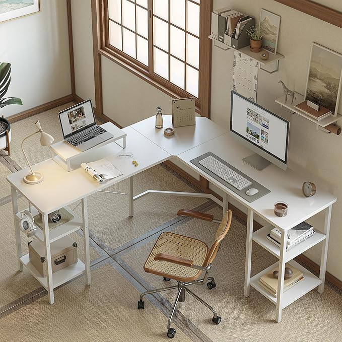 BANTI L Shaped Desk with Shleves, 58 inch Large Corner Desk with Two Storage, Space Saving, Easy to Assemble, White
