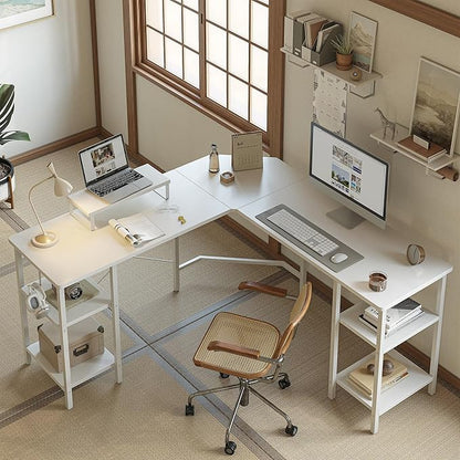 BANTI L Shaped Desk with Shleves, 58 inch Large Corner Desk with Two Storage, Space Saving, Easy to Assemble, White
