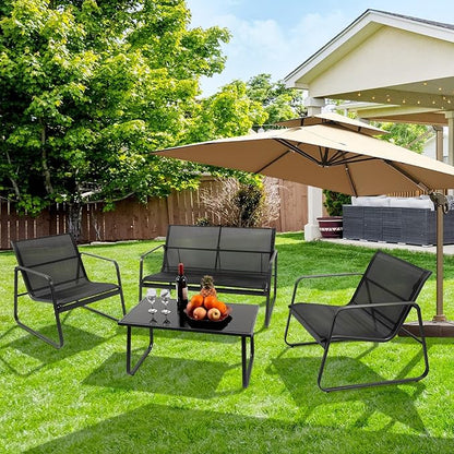 4 Pieces Patio Furniture Set Outdoor Patio Conversation Sets Poolside Lawn Chairs with Glass Coffee Table Porch Furniture for Courtyard, Garden and Balcony (Black)
