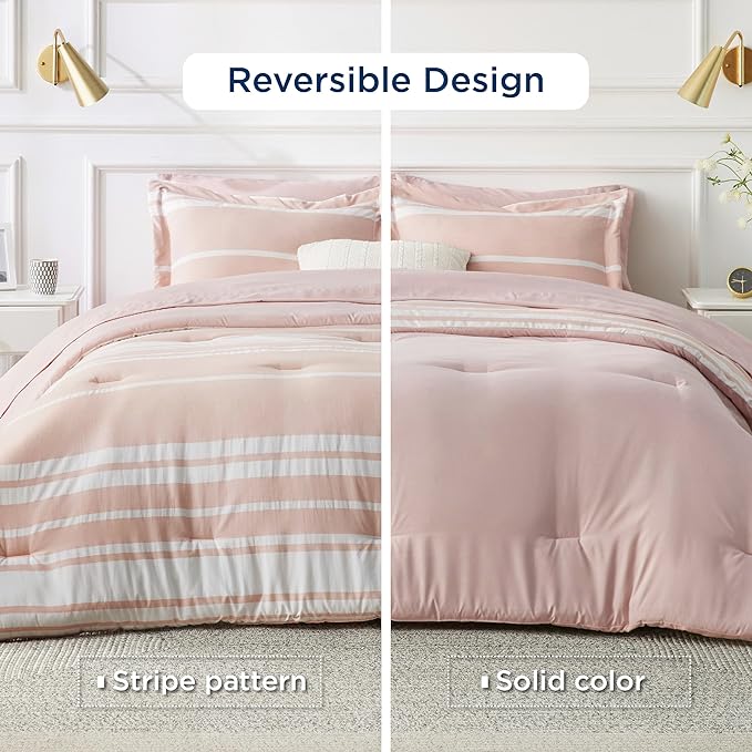 Bedsure Bed in a Bag King Size 7 Pieces, Light Pink White Striped Bedding Comforter Sets All Season Bed Set, 2 Pillow Shams, Flat Sheet, Fitted Sheet and 2 Pillowcases