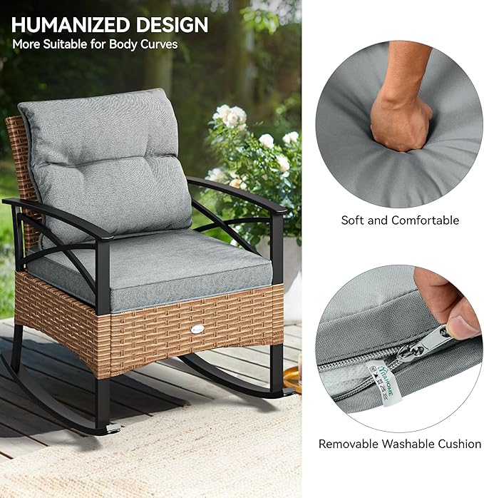 YITAHOME 3-Piece Outdoor Rocking Chair Bistro Set, Patio Wicker Rocking Chair Conversation Set with Glass Coffee Table & Soft Cushions for Balcony, Lawn and Porch Poolside (Light Brown+Gray)