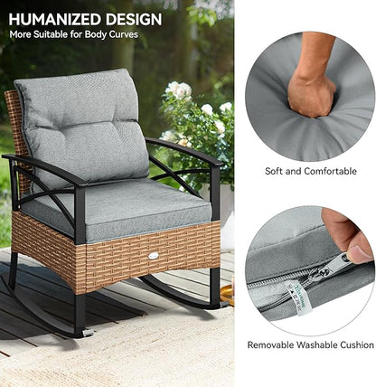 YITAHOME 3-Piece Outdoor Rocking Chair Bistro Set, Patio Wicker Rocking Chair Conversation Set with Glass Coffee Table & Soft Cushions for Balcony, Lawn and Porch Poolside (Light Brown+Gray)