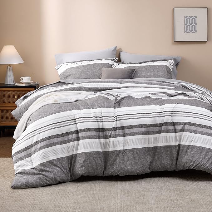 Bedsure King Size Comforter Set - 7 Pieces Grey White Striped Bedding Sets King Bed in A Bag with Comforters King Size, Sheets, Pillowcases & Shams, Bed Sets