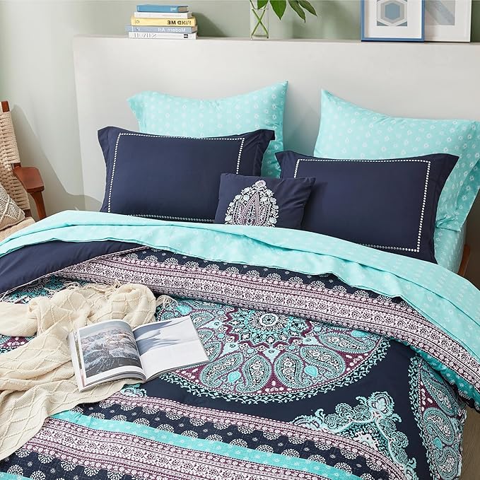 Degrees of Comfort Blue Twin XL Complete Comforter Sets, Boho Mandala Bed in A Bag,Microfiber Bedding Set with Side Pockets, Matching Decorative Pillow, 6 Piece Navy