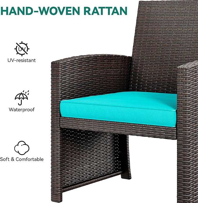 YITAHOME Patio Furniture Wicker Outdoor Bistro Set, 4-Piece All Weather Rattan Conversation Loveseat for Backyard, Balcony and Deck w/Soft Cushions and Metal Coffee Table (Brown+Blue)