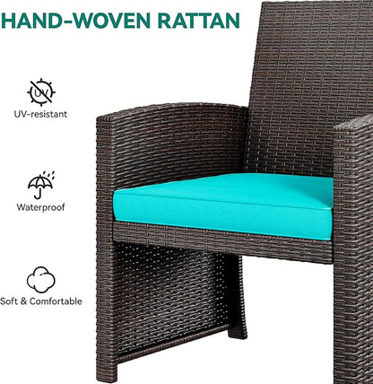 YITAHOME Patio Furniture Wicker Outdoor Bistro Set, 4-Piece All Weather Rattan Conversation Loveseat for Backyard, Balcony and Deck w/Soft Cushions and Metal Coffee Table (Brown+Blue)