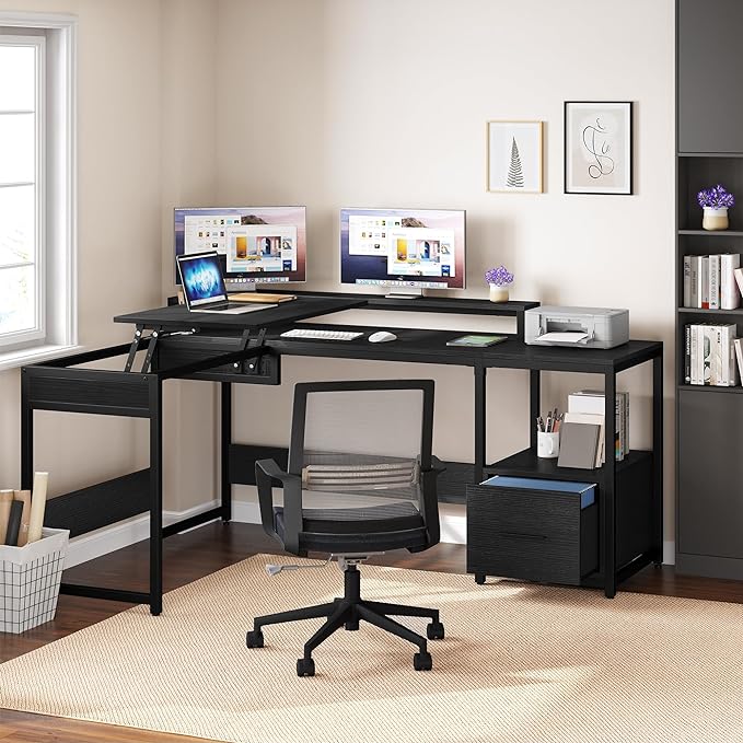 YITAHOME L Shaped Desk with File Drawer, 65" Large Computer Desk Corner Desk with Lift Top, Standing Desk Height Adjustable with Monitor Stand & Storage Shelves for Home Office, Black