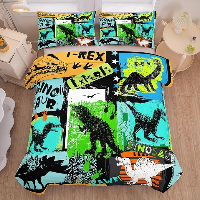 NINENINE Dinosaur Bedding Sets,Watercolor Dinosaur Comforter Set for boys kids,Full Size Comforter Sets for Kids,Colorful Plaid Bedding Set with 1 Comforter 2 Pillowcases…
